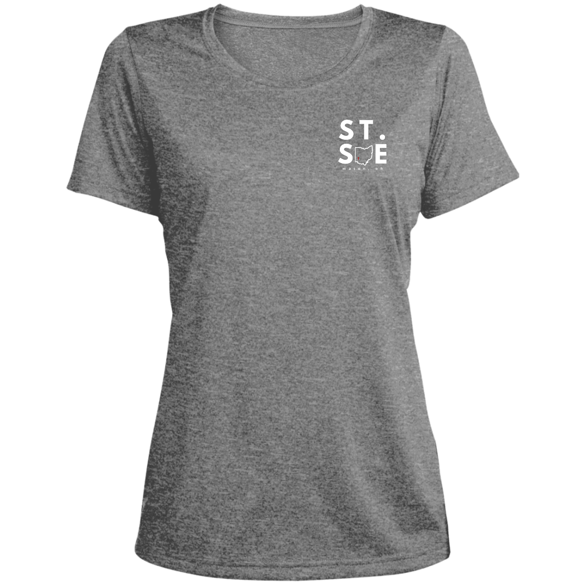 St. Sue Ohio Logo Ladies' Heather Scoop Neck Performance Tee