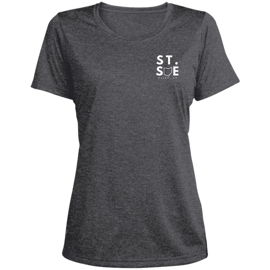 St. Sue Ohio Logo Ladies' Heather Scoop Neck Performance Tee