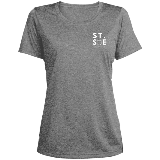 St. Sue Ohio Logo Ladies' Heather Scoop Neck Performance Tee